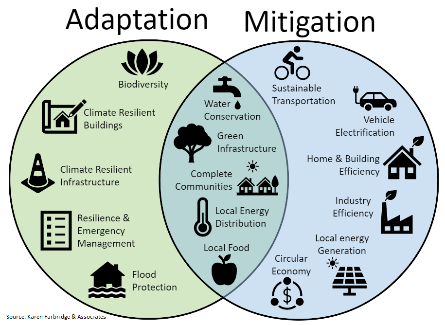 A Venn diagram showing the elements of adaptation and mitigation.